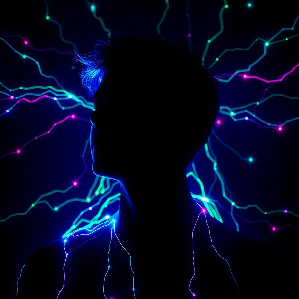 Silhouette illuminated by glowing neural lines representing self-discovery
